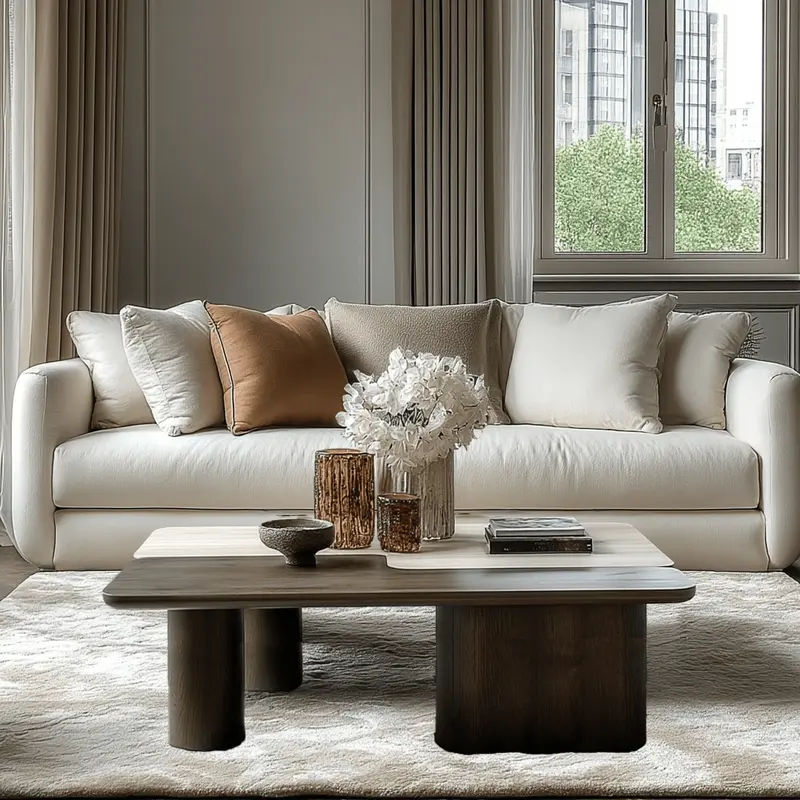 Balerno Deep Brown Wooden & Travertine Contrast Coffee Tables - Set of 2