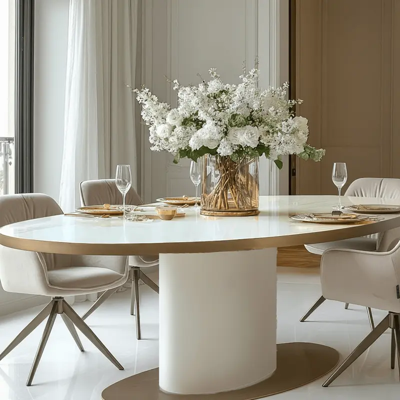 Camille Luxury Cream & Gold Oval Dining Table with Ceramic Marble Top