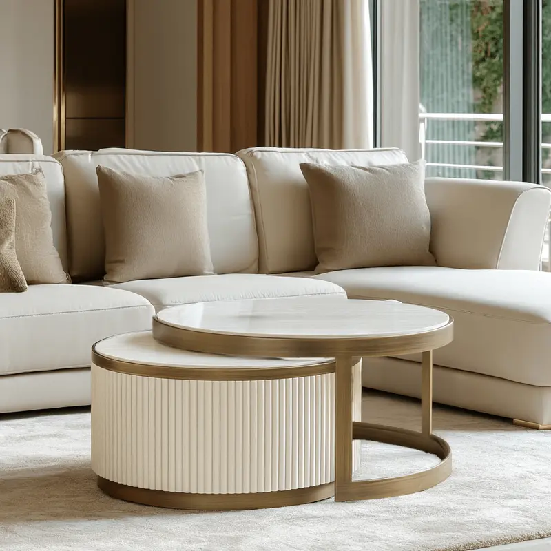 Camille Luxury Cream & Gold Ribbed Nested Coffee Tables with Ceramic Marble Top