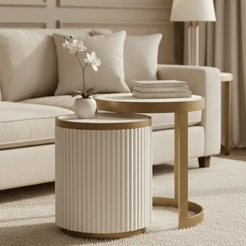 Camille Luxury Cream & Gold Ribbed Nested Side Tables with Ceramic Marble Top