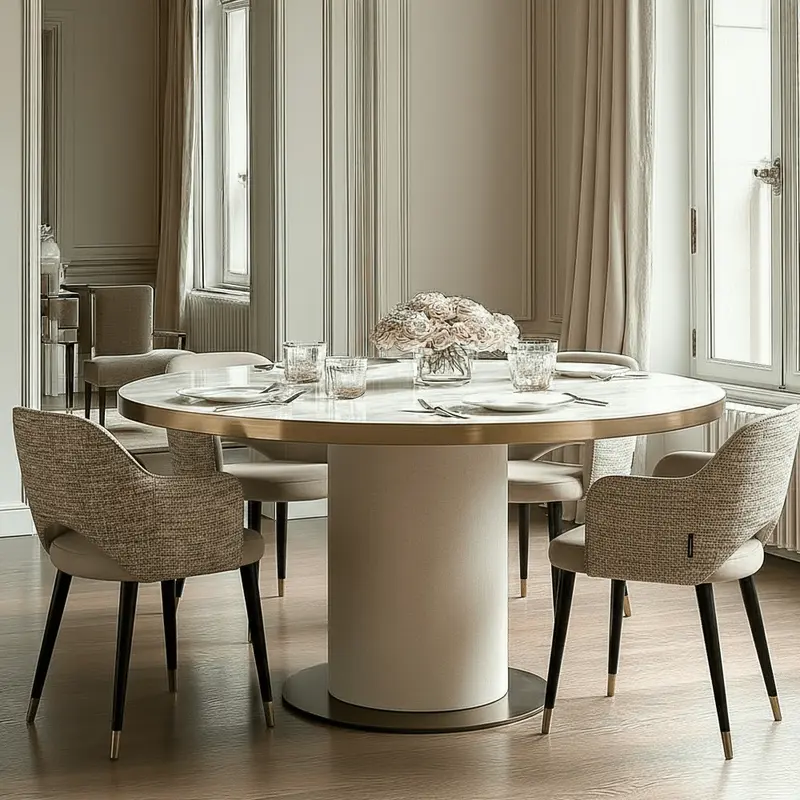 Camille Luxury Cream & Gold Round Dining Table with Ceramic Marble Top