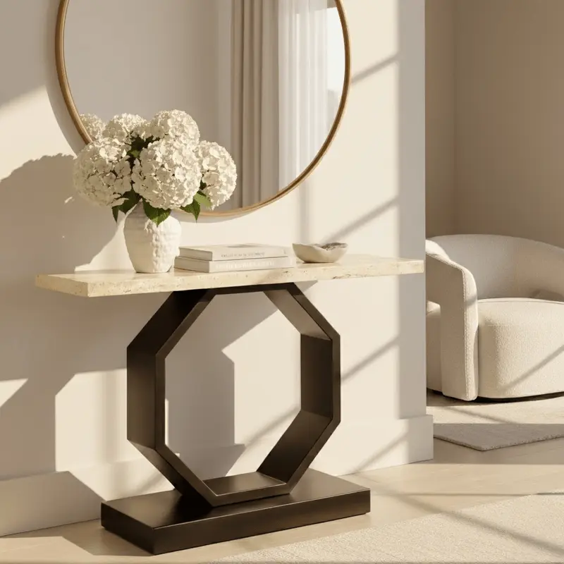 Cassiane Travertine Top Console Table with Black Base