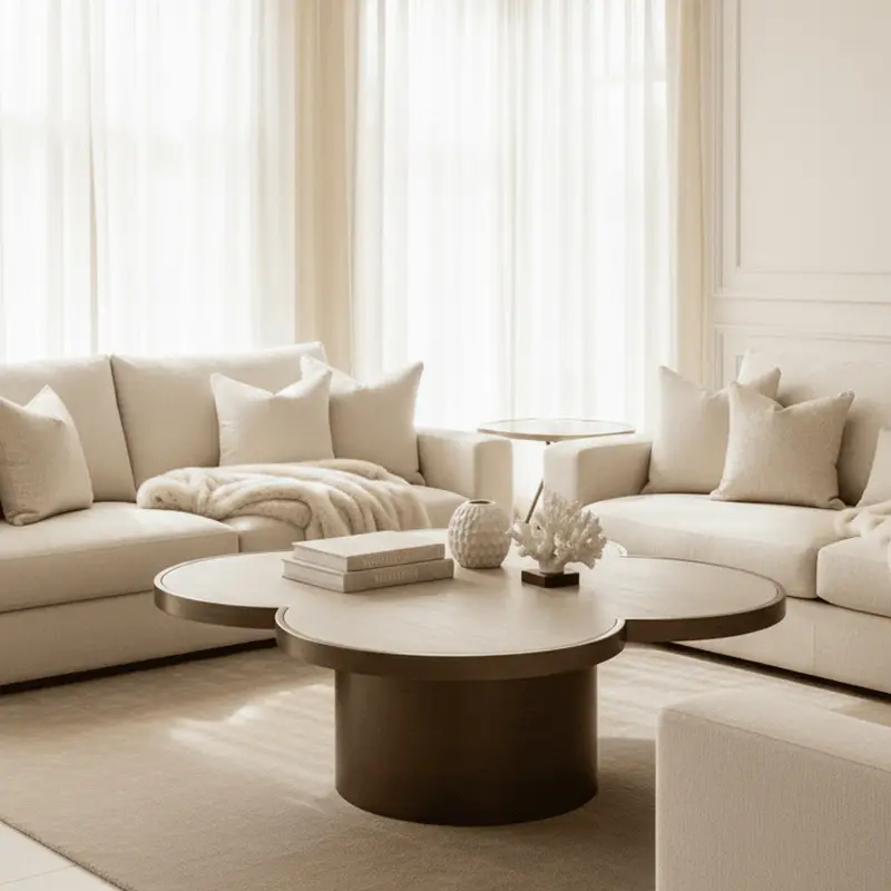 Delia Large Brushed Brass Clover Coffee Table with Travertine Top