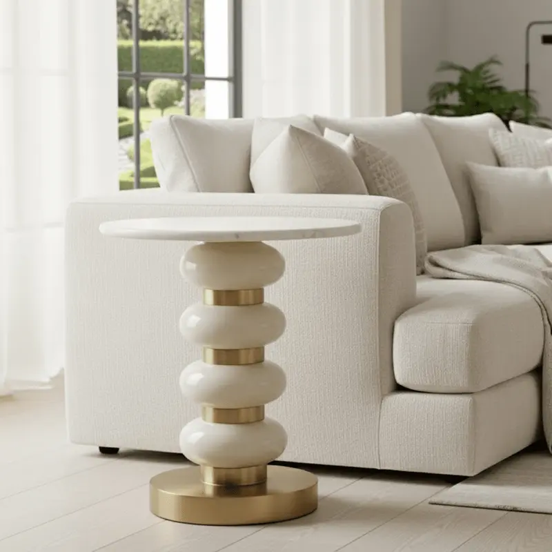 Elisse Cream & Gold Side Table with Marble Top