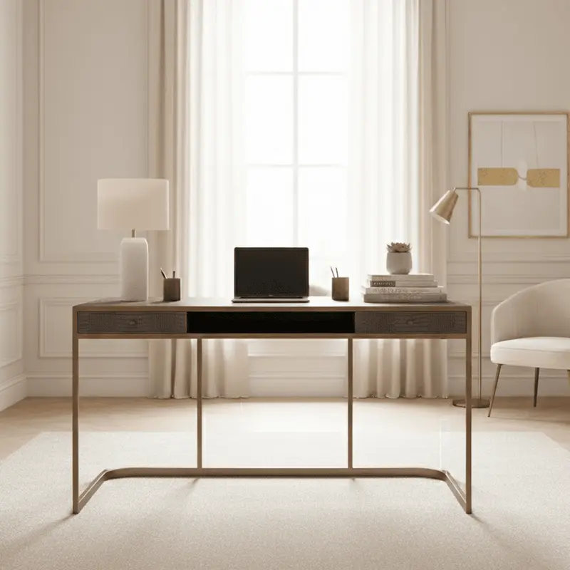 Elyra Taupe Croc Print Leather Desk/Dressing Table with Gold Handles