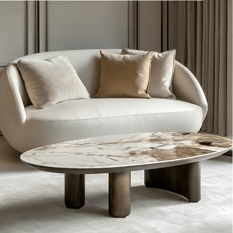 Estrille Brown Oak Veneer Oval Coffee Table with Faux Marble Top