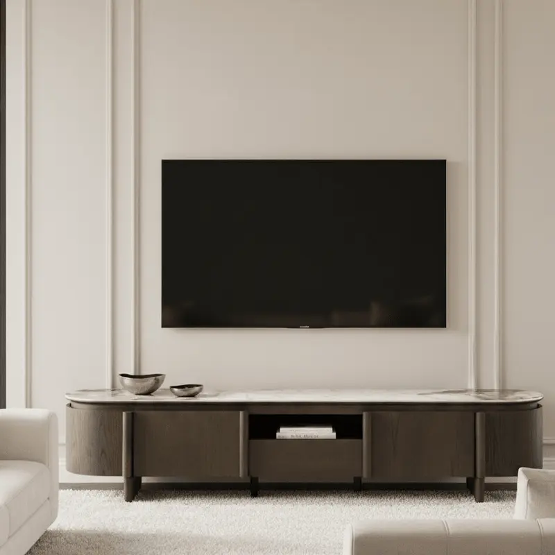 Estrille Brown Oak Veneer Oval TV Unit with Faux Marble Top