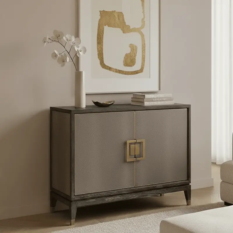 Felicia Luxury Black Wood & Shagreen 2 Door Sideboard with Brass Handles
