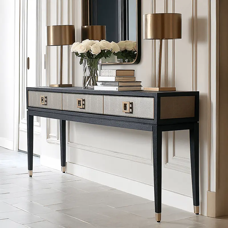 Felicia Luxury Black Wood & Shagreen 3 Drawer Console with Brass Handles