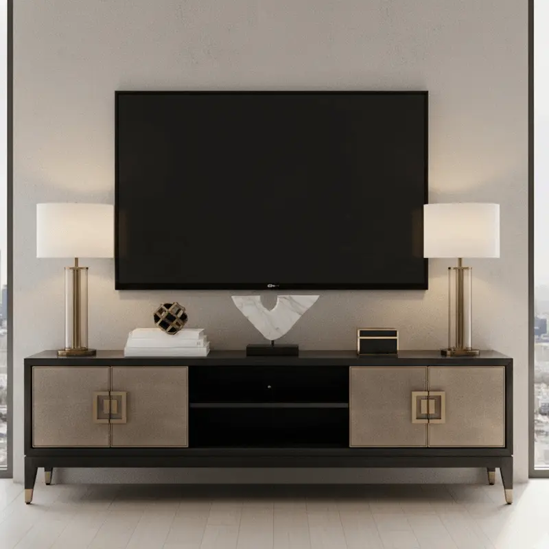 Felicia Luxury Black Wood & Shagreen 4 Door TV Unit with Brass Handles