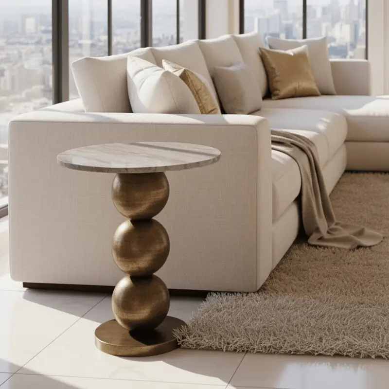 Fioelle Brass Side Table with Beige Marble Top