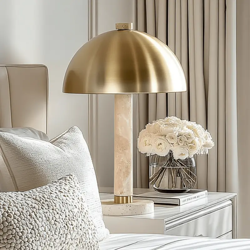 Hannah Travertine Marble Table Lamp with Brushed Gold Shade