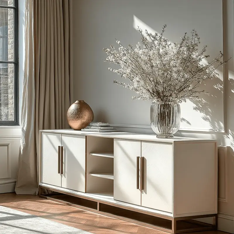 Helena Luxury Cream Oak Veneer 4 Door Sideboard with Brass Detailing