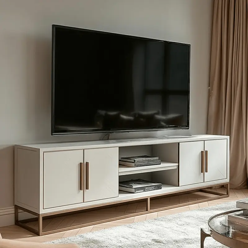 Helena Luxury Cream Oak Veneer 4 Door TV Unit with Brass Detailing