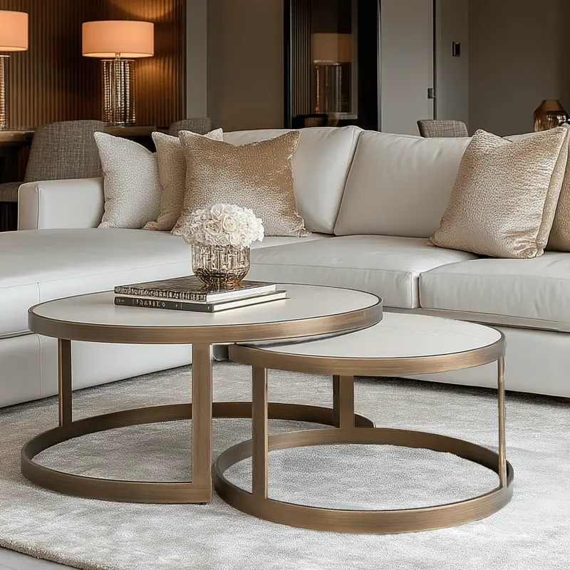 Helena Luxury Cream Oak Veneer Nested Coffee Tables with Brass Detailing