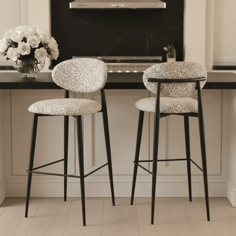 Imogen Taupe & Cream Geometric Patterned Bar Stool with Black Legs