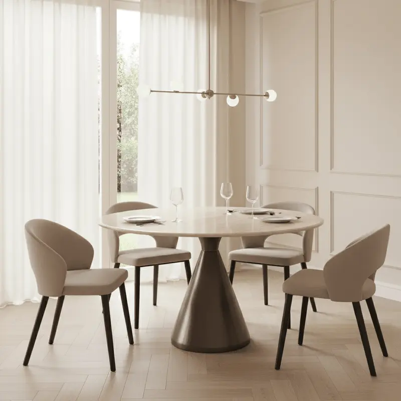 Miya Bronze Round Dining Table with Faux Beige Marble Top