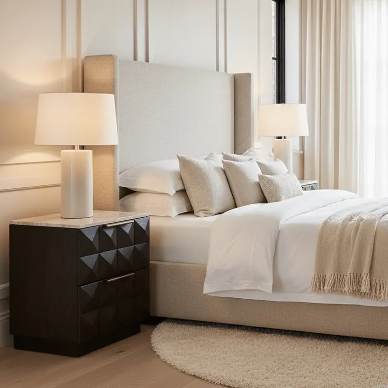 Norah Deep Brown 2 Drawer Bedside Table with Travertine Top