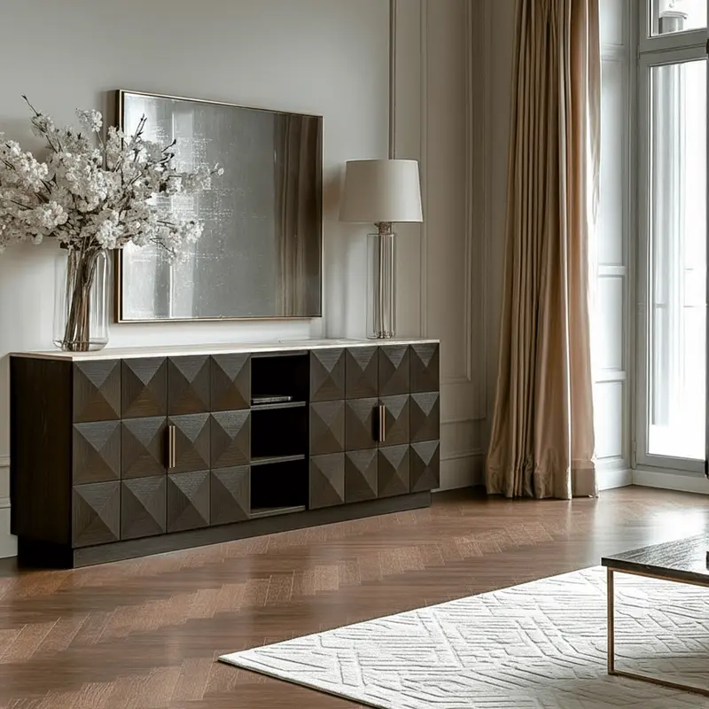 Norah Deep Brown 4 Door Sideboard with Shelving & Travertine Top