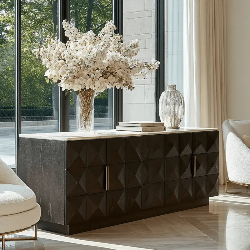 Norah Deep Brown 4 Door Sideboard with Travertine Top