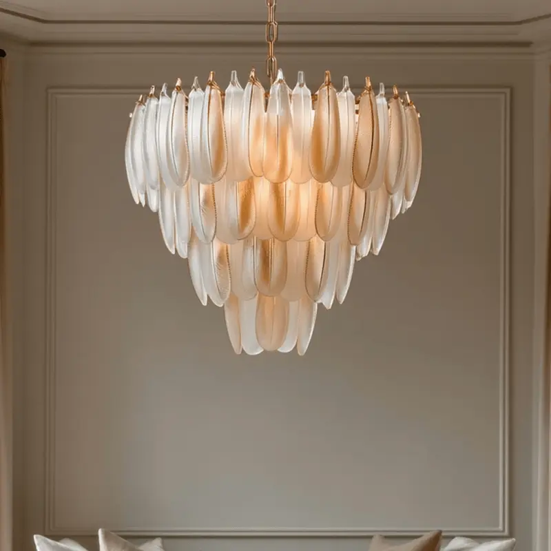 Siella Luxury Glass Feathers Tiered White & Champagne Chandelier
