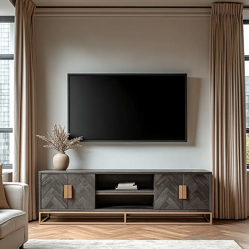 Thessaly Black Chevron Media Unit with Brass Handles