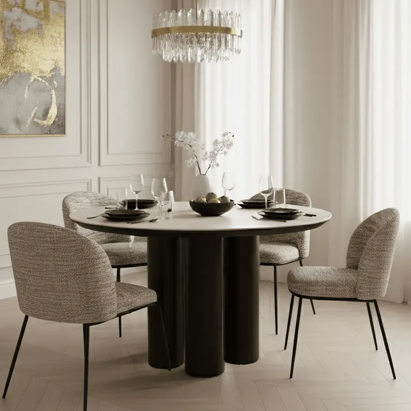 Verity Dark Brown Round Dining Table with Travertine Top