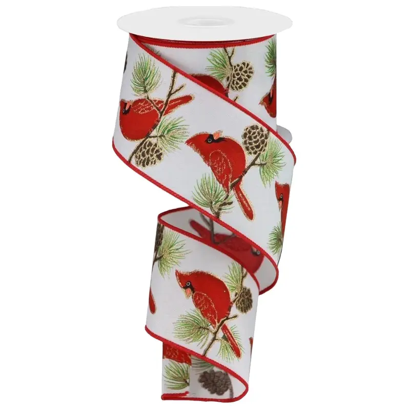 10 Yards of Cardinals on Branches Pongee Ribbon