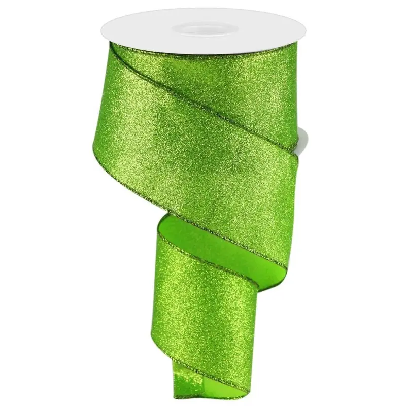 10 Yards of Lime Green Shimmer Glitter Pongee Fabric Ribbon