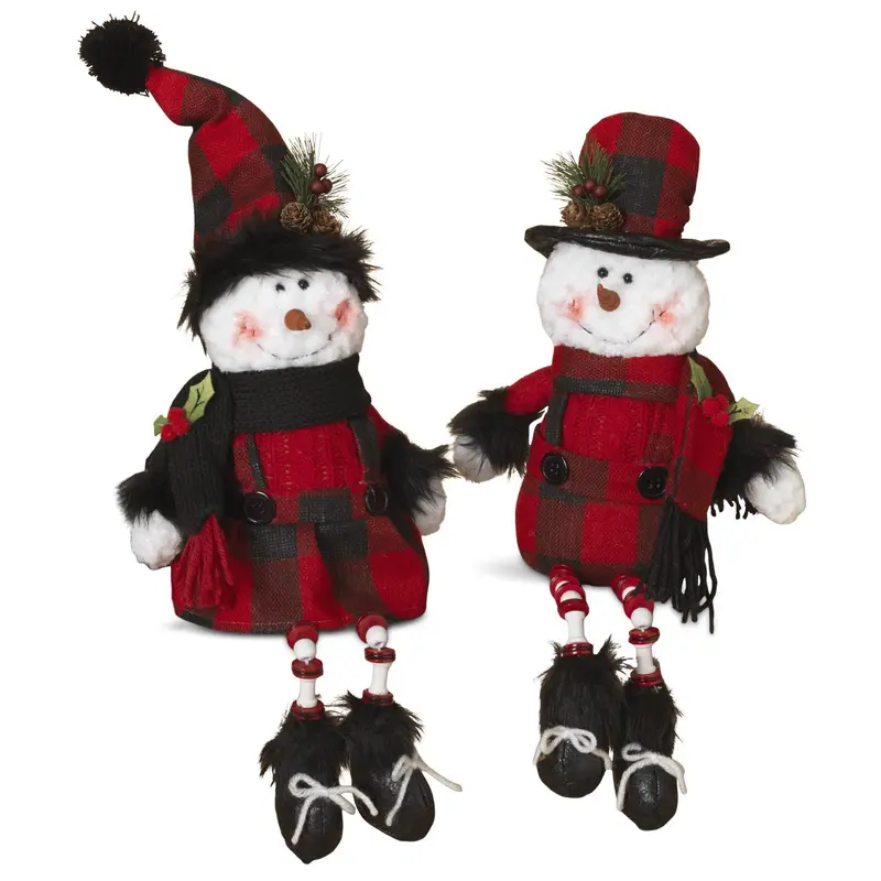 15"  Buffalo Plaid Plush Snowman Shelf Sitter