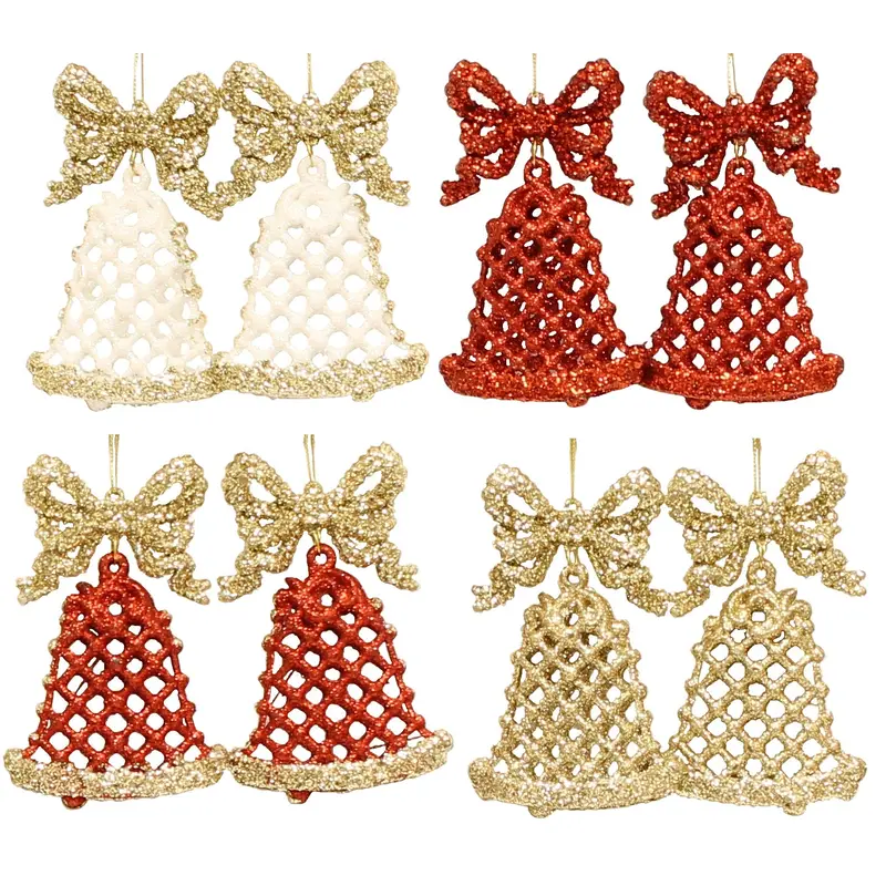 2-Pack of Glitter Bell Ornaments (White/Red/Gold)