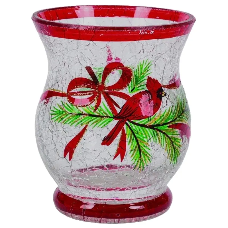 3.5" Hand-Painted Cardinal Crackle Glass Candle Holder