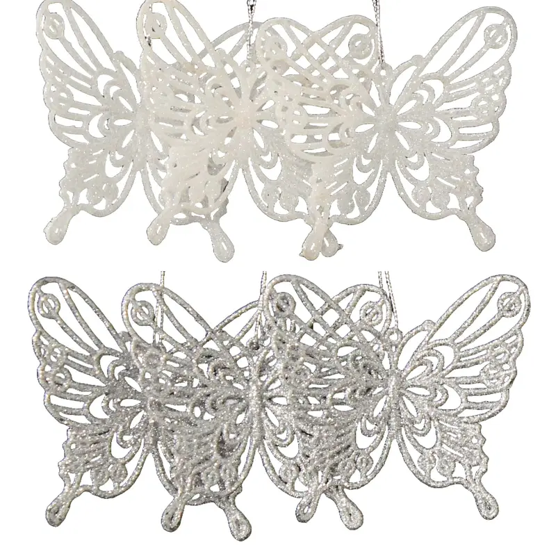 3-Pack of Glitter Butterfly Ornaments (White/Silver)