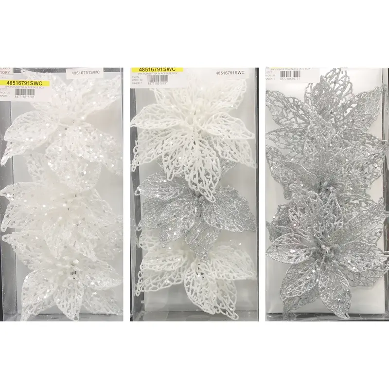 3-Pack of Glitter Poinsettia Silhouette Ornaments (White/Silver)