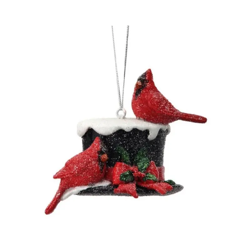 3" Resin Cardinals on Snowy Top Hat Ornament