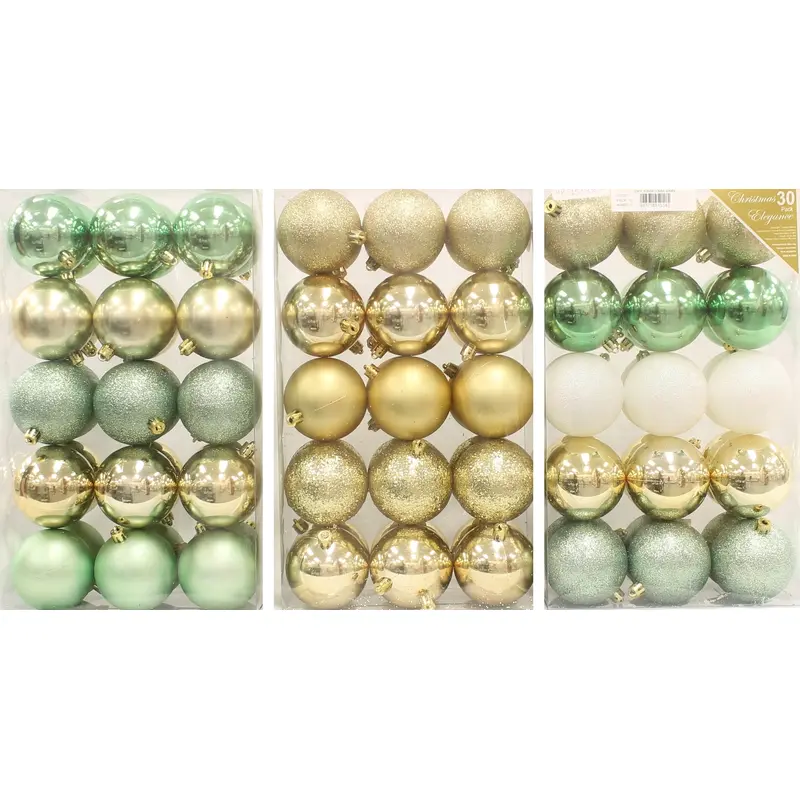 30-Pack of 70MM Christmas Ornaments (Gold/Green/White)