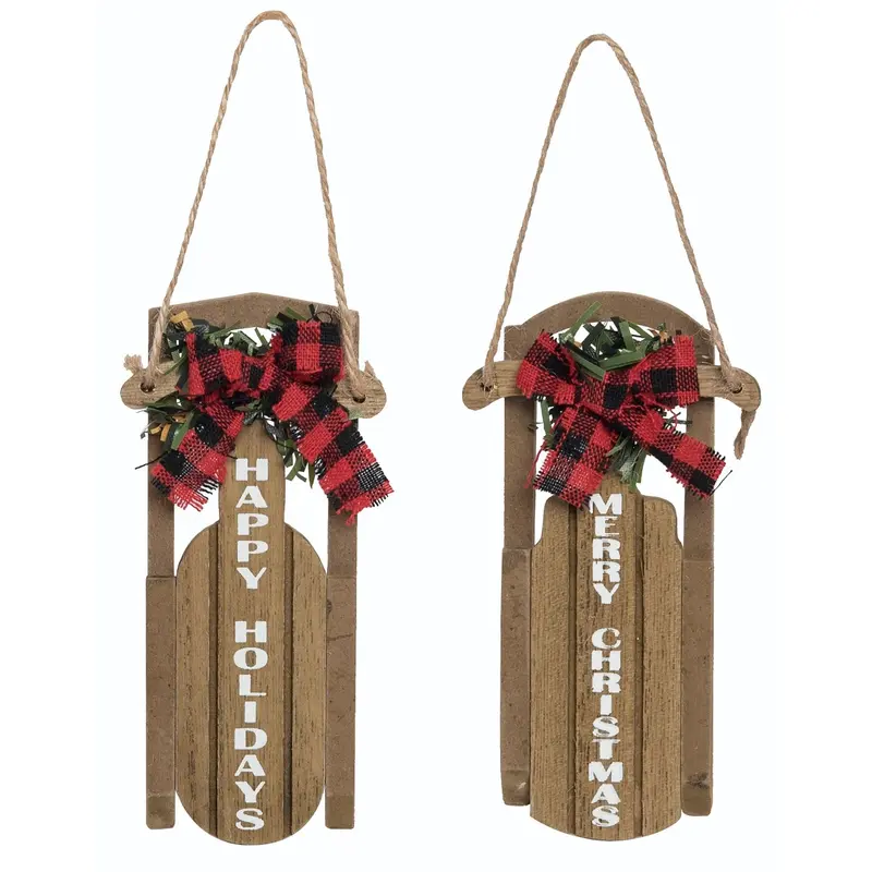 4.75" Wooden Plaid Christmas Sleigh Ornament