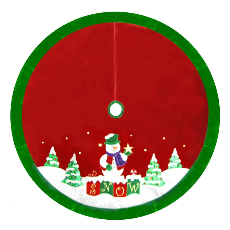 48" Red Velvet Metallic Embroidered Snowman Christmas Tree Skirt with Green Border