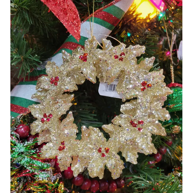5" Vintage Gold Glitter Holly Wreath Ornament