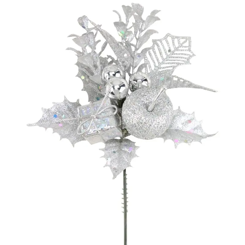 7" Silver Apple, Present, Bauble Pick Spray