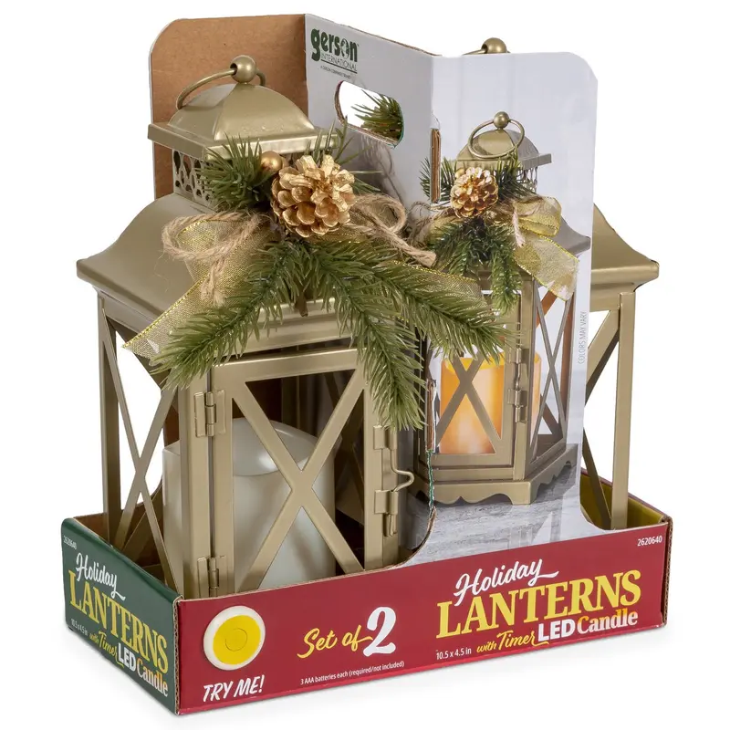 Set of 2 Battery Operated Lighted Christmas Holiday Lanterns with Floral Accents and Timer