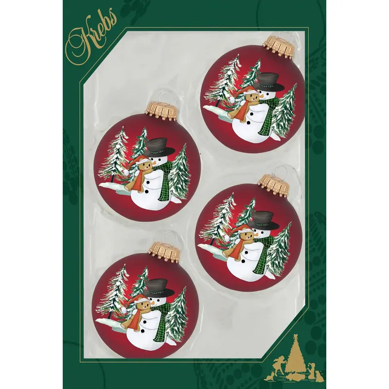 Set of 4 Port Velvet Glass Ball Ornaments with Snowman Hugging Bear