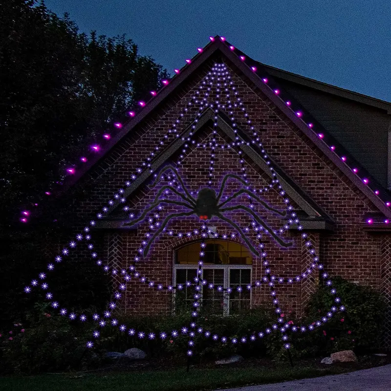 Giant Spider Web with Spider with 400 Big Seed LED Lights (Purple/Orange)