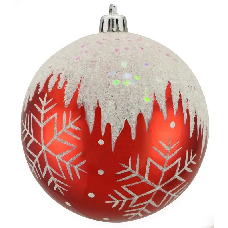 100MM Vacuum Plated Shiny Red Ball Ornament with White Glitter Snowflakes