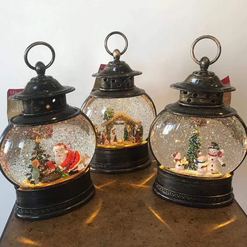11" Battery-Operated Spinning Water Globe Lantern with Holiday Scene & Timer