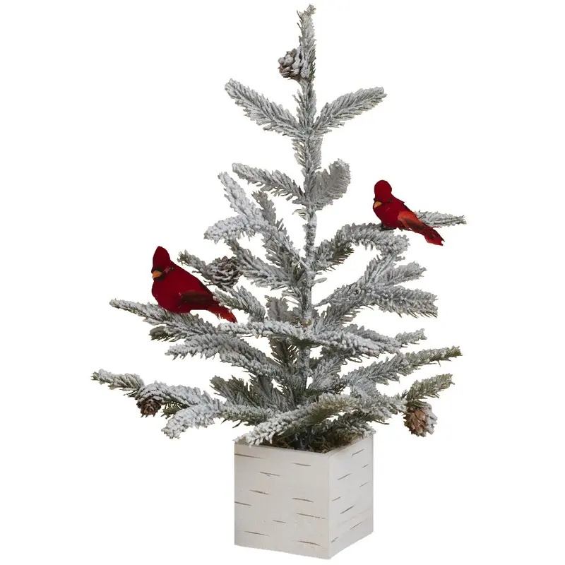 18" Holiday Flocked Tree with Cardinals in Birch Planter Box