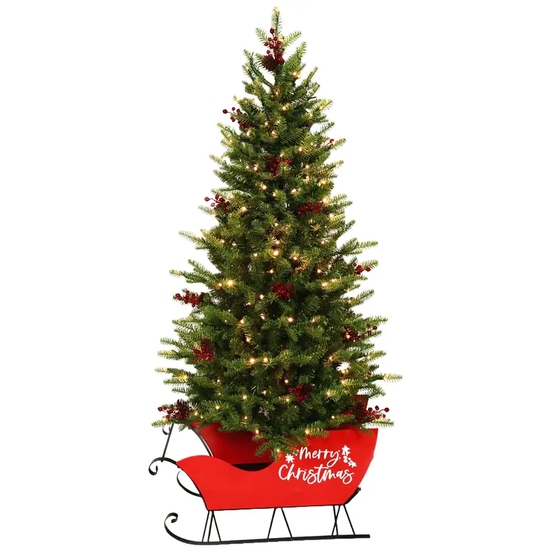 5' Green Mountain Fir Artificial Christmas Tree with Starry Lights in a Red Sleigh