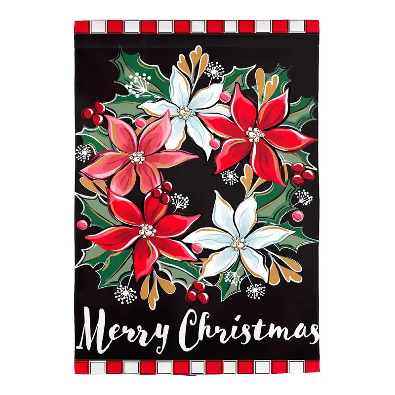 Poinsettia Wreath Applique Garden Flag