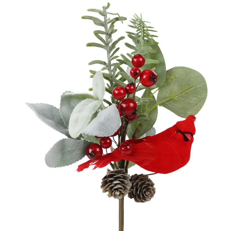 10" Eucalyptus Pick Spray with Berries, Cardinal and Pine Cones