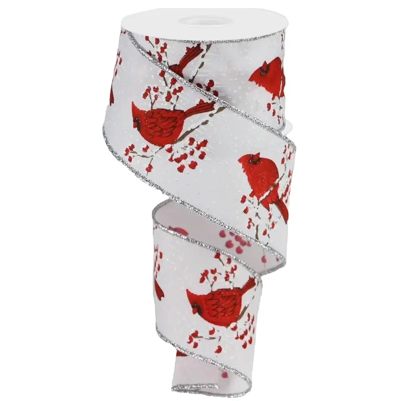 10 Yards of Cardinal, Branches & Berries on White Ribbon